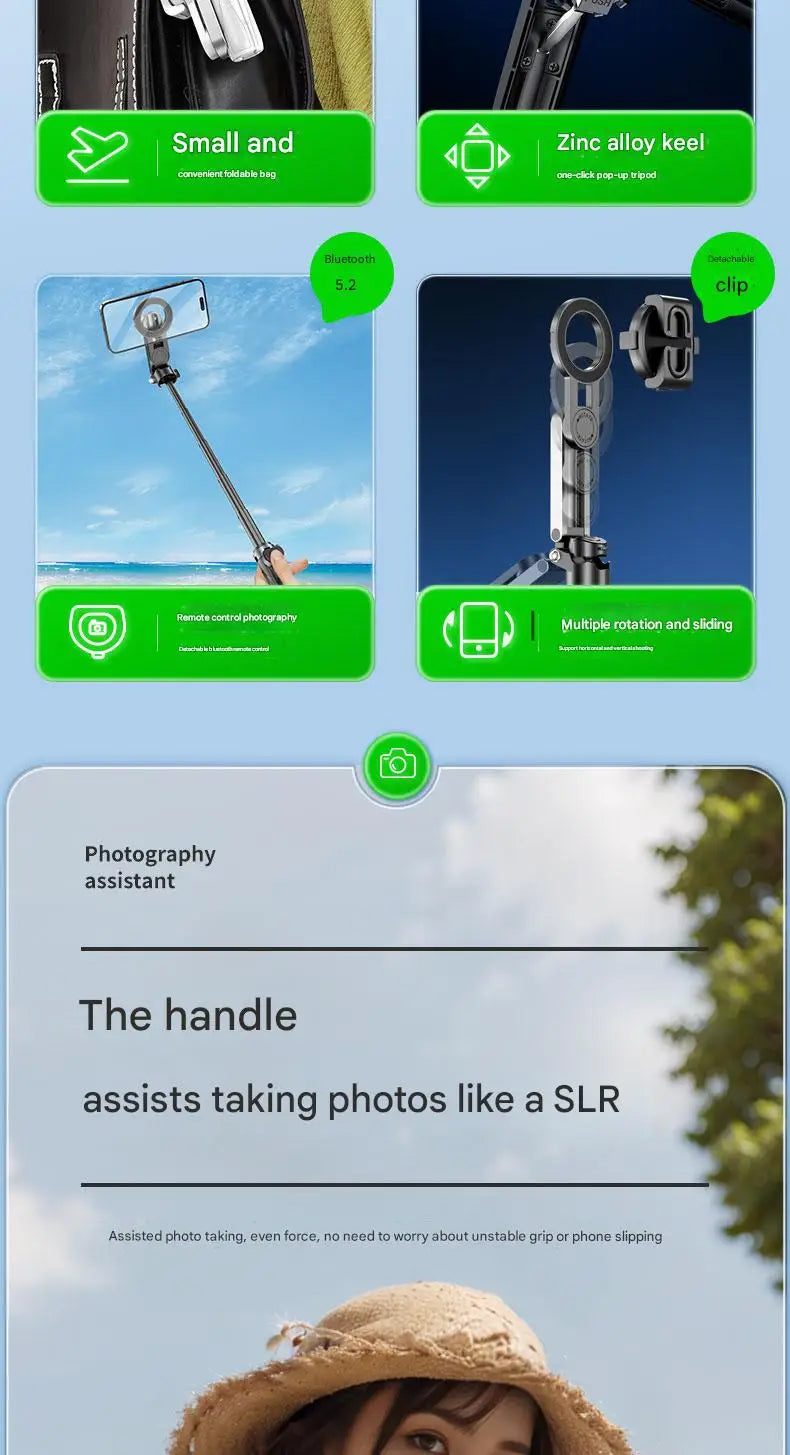 Upgraded Multi-Function Foldable Magnetic Phone Holder Selfie Stick with Remote Control – 360° DSLR-Style Rotation Tripod Stand