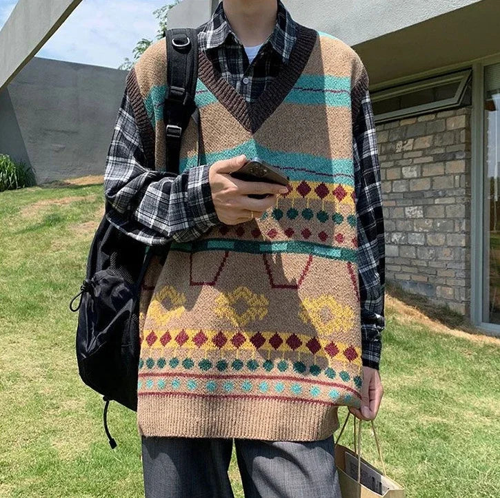 Tatiana Haven Men’s Printed Knit Sweater Vest – V-Neck Casual Korean-Style Fashion Waistcoat for Autumn & Winter