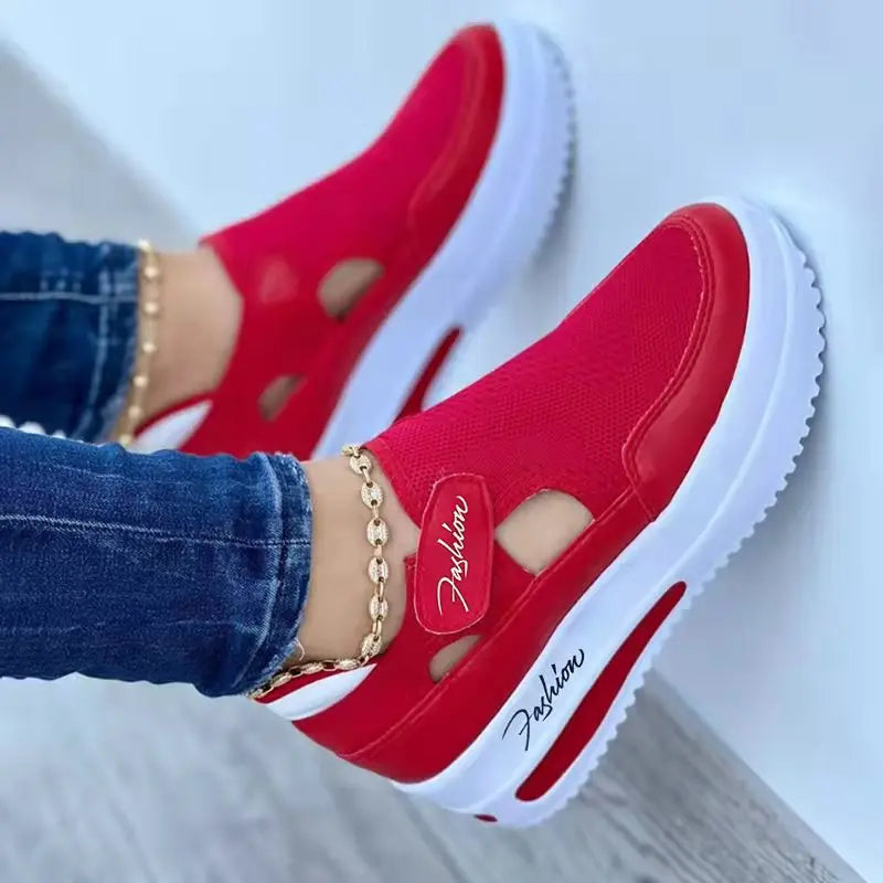 Designer Women Sneakers Wedge Tennis Shoes Red Blue Canvas Women Casual Shoes Ladies Platform Vulcanized Shoe Hollow Out Shoes