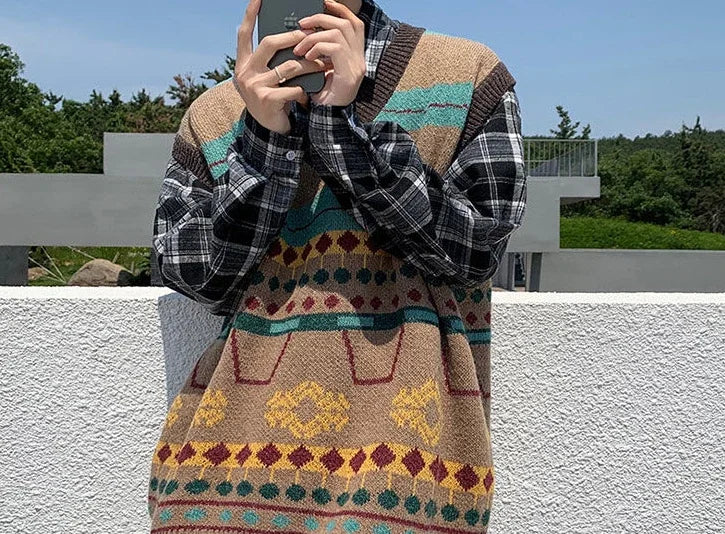 Tatiana Haven Men’s Printed Knit Sweater Vest – V-Neck Casual Korean-Style Fashion Waistcoat for Autumn & Winter