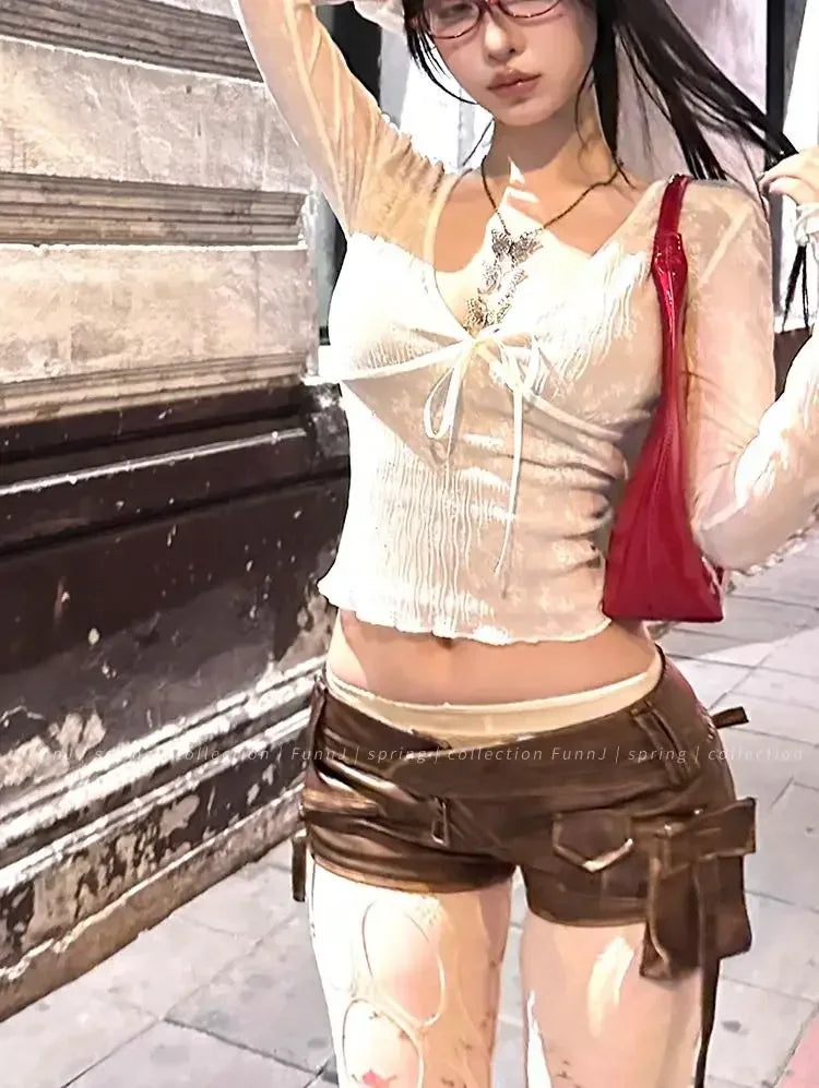 Coquette Aesthetic Mesh T Shirts Women Vintage V Neck Lace Bow Cropped Tops Y2k Sexy Slim Fit Long Sleeve Tee Shirts