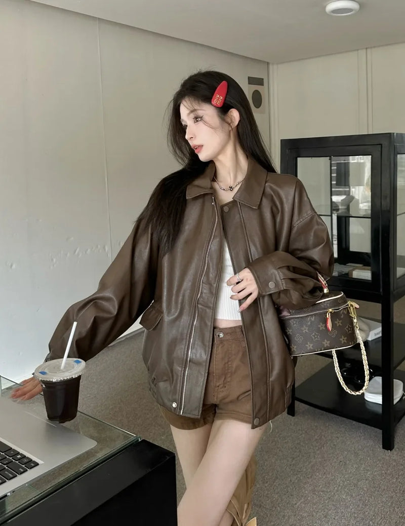 American Retro Solid Pu Jackets Women Autumn Sweet Cool Tops PU Baggy Cozy Turn-down Collar Zipper Fashion Stylish Temperament