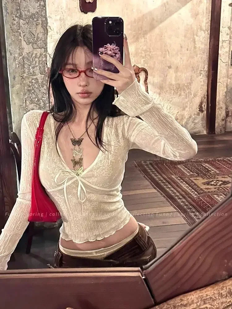 Coquette Aesthetic Mesh T Shirts Women Vintage V Neck Lace Bow Cropped Tops Y2k Sexy Slim Fit Long Sleeve Tee Shirts